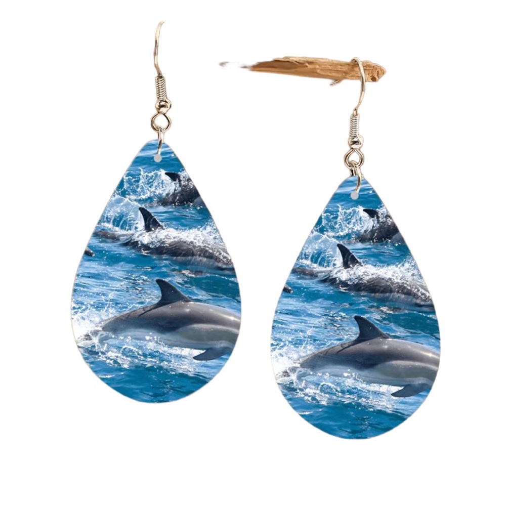 Wooden Dolphin Print Teardrop Drop Style Earrings